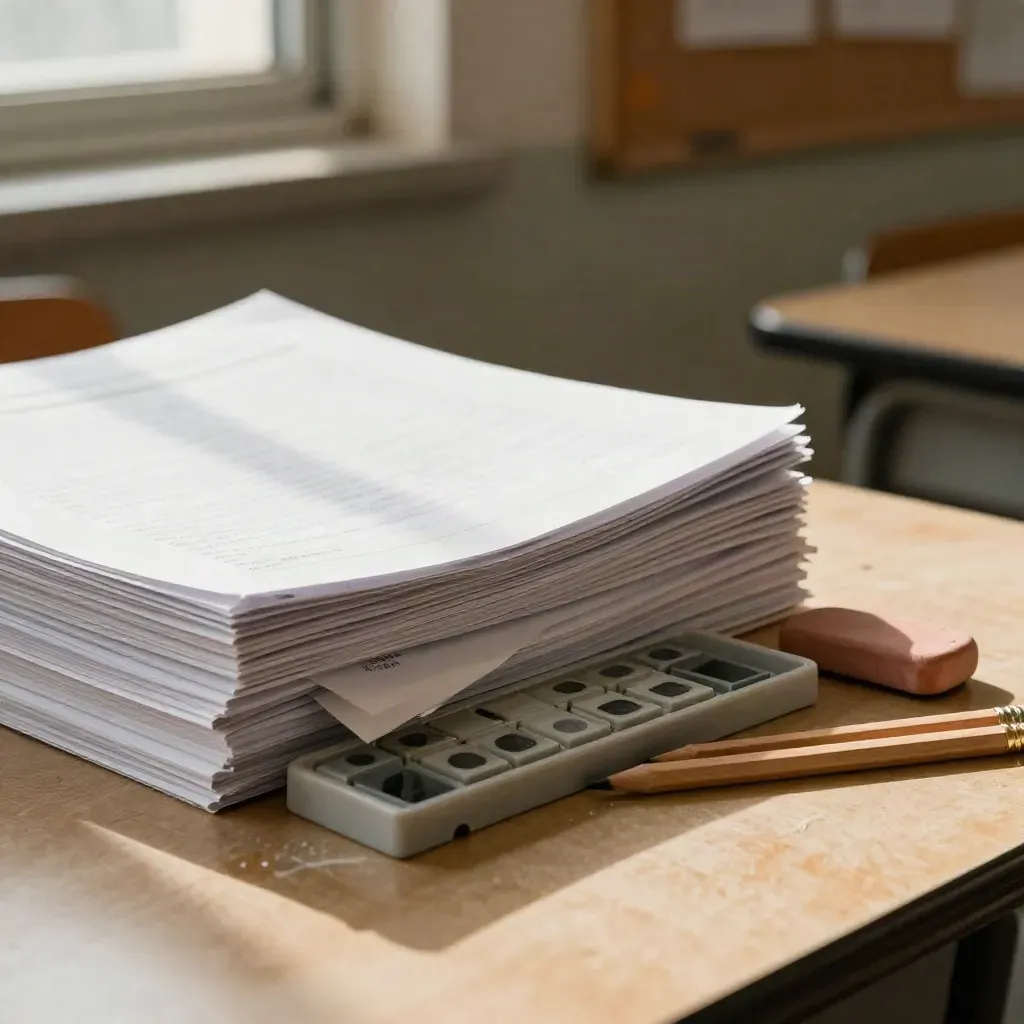 Middle school math packet with fraction tiles, pencils, and eraser on a classroom desk.