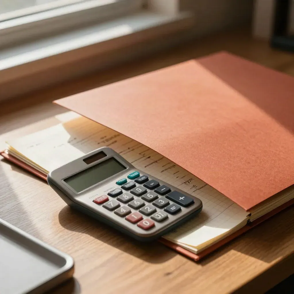 Half-open precalc folder with graph sheets and calculator on a sunlit study desk.