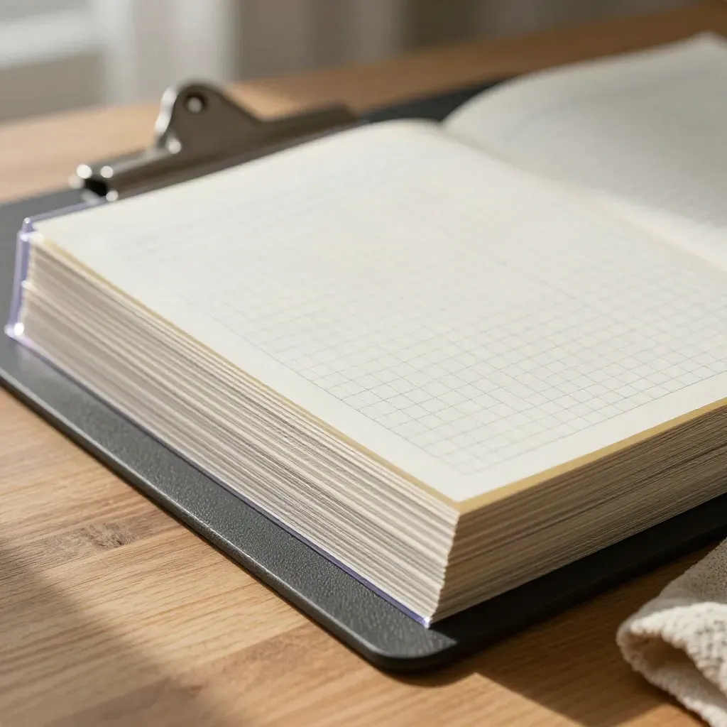 Fresh graph paper sheets in a clear sleeve beside a clipboard and folded cloth on a drafting table.
